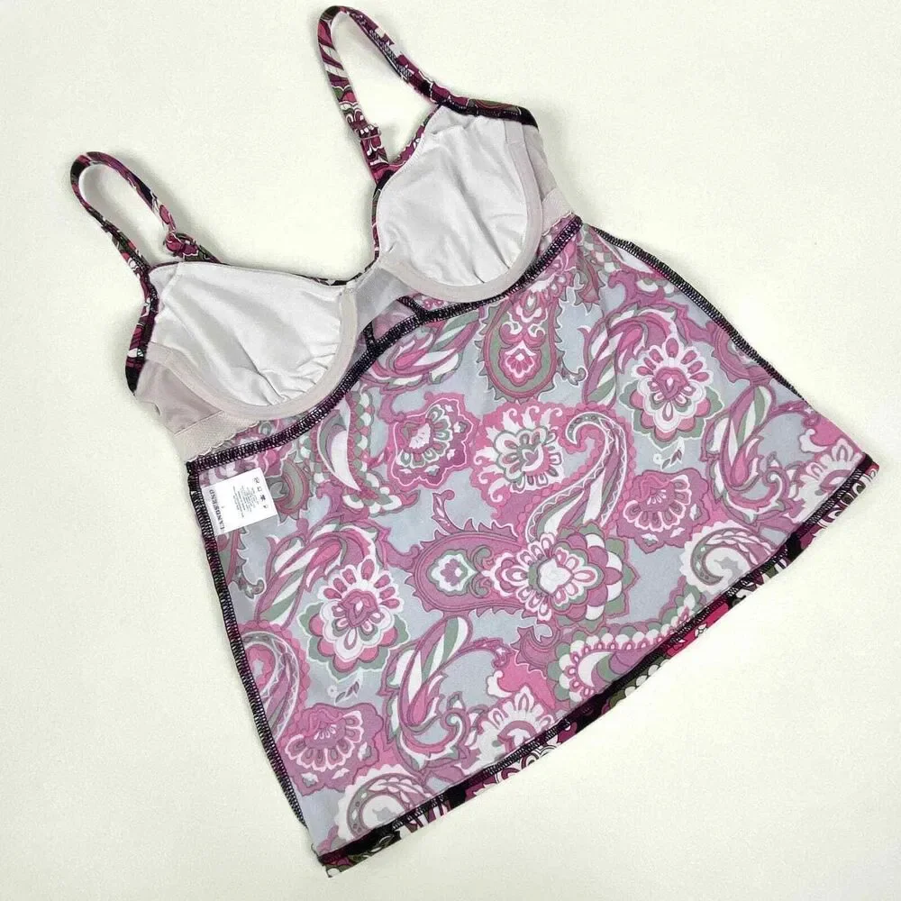 Land's End Tankini Swim Suit Top Ruched Underwire Bodice Paisley Sz 2 Top Only